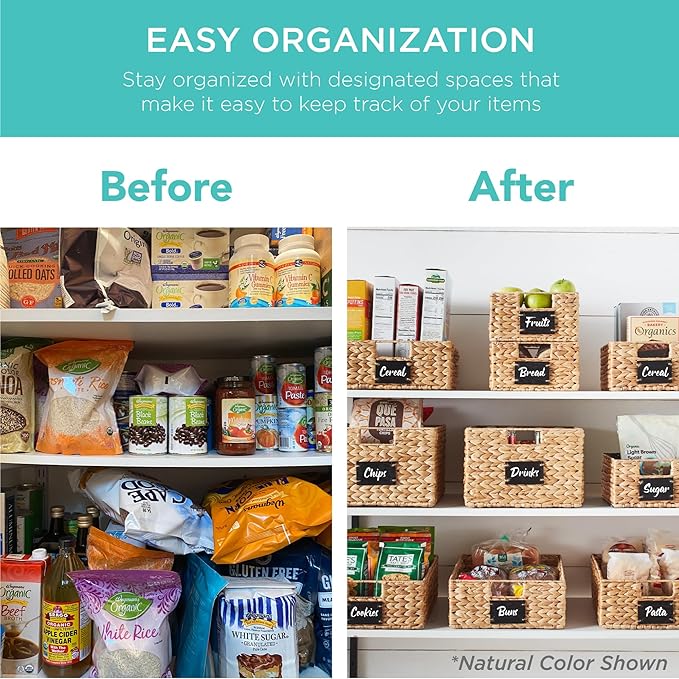 Best Choice Products Set of 4 9x12in Water Hyacinth Pantry Baskets, Woven Organizers w/Chalkboard Label, Chalk Marker - Black