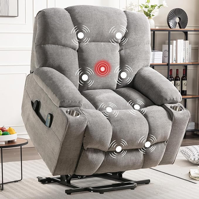 CANMOV Oversized Power Lift Recliner Chair for Elderly, Big and Tall Electric Recliner Chair with Massage and Heating, Dual Motor Heavy Duty Lift Recliner with USB Port, Cup Holders, Pockets, Grey