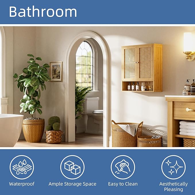 HITNET Bathroom Cabinet Wall Mounted, Rattan Medicine Cabinet, Bamboo Hanging Storage Organizer Over The Toilet with Adjustable Shelf for Living Room, Kitchen, Entryway (Natural)