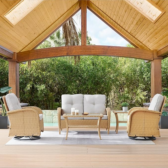 HUMMUH 5-Piece Patio Furniture Wicker Outdoor Conversation Set,All-Weather Rattan Swivel Chairs Bistro Set with Loveseat Coffee Table for Backyard,Poolside,Deck (Yellow/Beige)