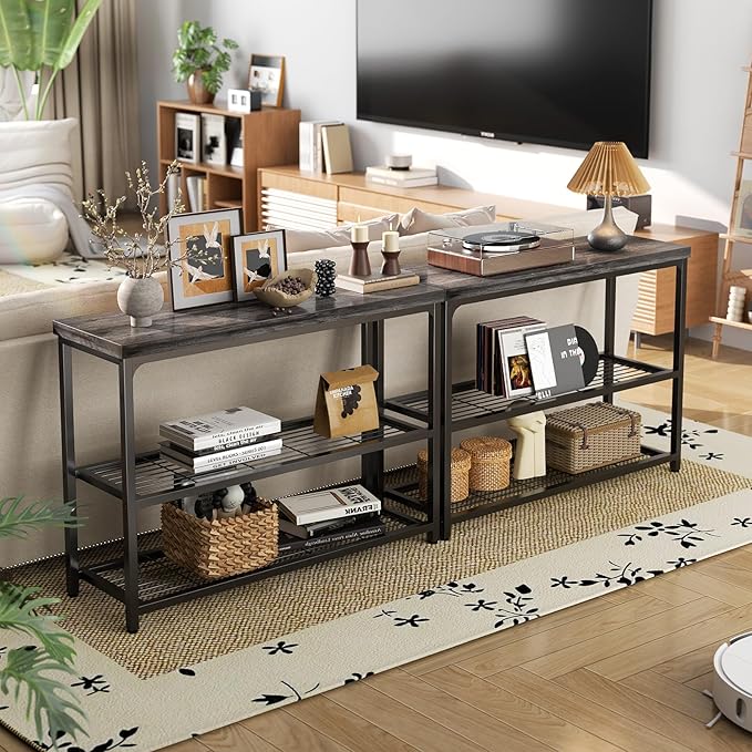 47" Console Table with Storage, 3-Tier Narrow Entryway Table, Sofa Table with Mesh Shelves, Console Tables for Living Room, Bedroom, Hallway, Entryway, Foyer, Oak Grey
