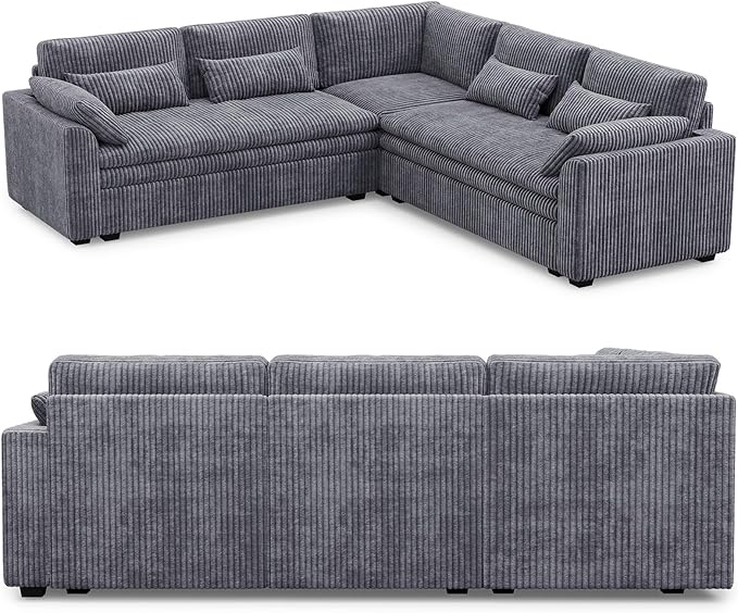 Belffin Large Modular Sectional Sofa with Double 61" Loveseat, Corduroy Corner Couch with 9" Soft Dual-Layer Seats Cushion for Living Room, Apartment, Small Sapce, Light Grey