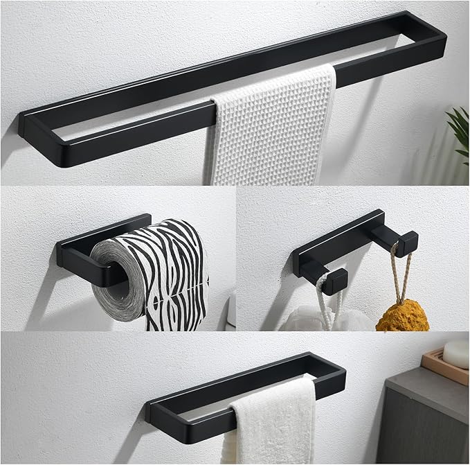 YACVCL 4-Piece Matte Black Bathroom Hardware Accessories Set, Bath Towel Bar Set SUS304 Stainless Steel, Round Towel Racks for Bathroom Wall Mounted
