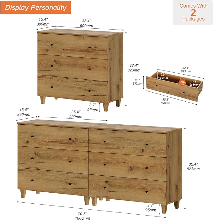 WAMPAT 6-Drawer Kids Dresser for Bedroom, 2-in-1 Modern Large Chest of Drawers with Black Knobs, 71 Inch Wide Oak Brown Wood Children Dresser for Baby Room, Nursery