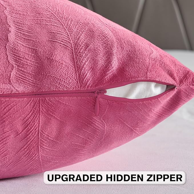 FUTEI Hot Pink Velvet Throw Pillow Covers 18x18 Inch Set of 2,Soft Embossed Leaf-Relief Textured Cushion Cases,Natural Home Decor for Couch Living Room