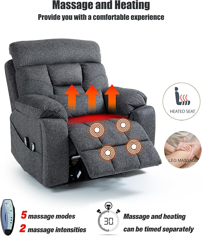 Power Lift Chair Recliners for Elderly with Heated and Massage, 4 Motor Headrest, Lumbar Independent Adjustment Power Lift Recliner with Hidden Cup Holder、Side Pocket、Back Pillow