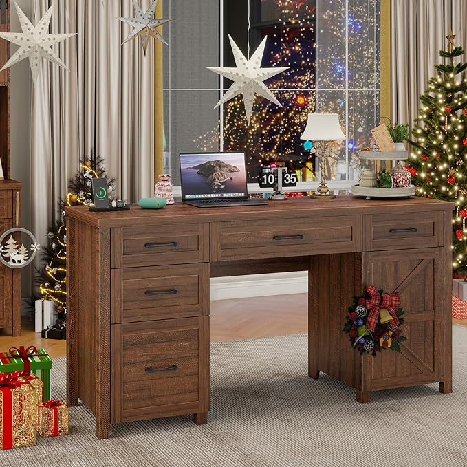 Farmhouse 61'' Executive Desk with 5 Drawers, Rustic Office Desk Computer Desk with Charging Station, File Drawers and Storage Cabinet, Wood Workstation for Study and Home Office. (Red-Brown)