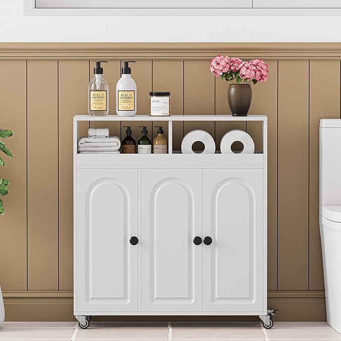 Bathroom Storage Cart with Doors,3-Door Cabinet & Divided Open Shelf,Rolling Organizer Cart for Bathroom, Toilet,White (1)