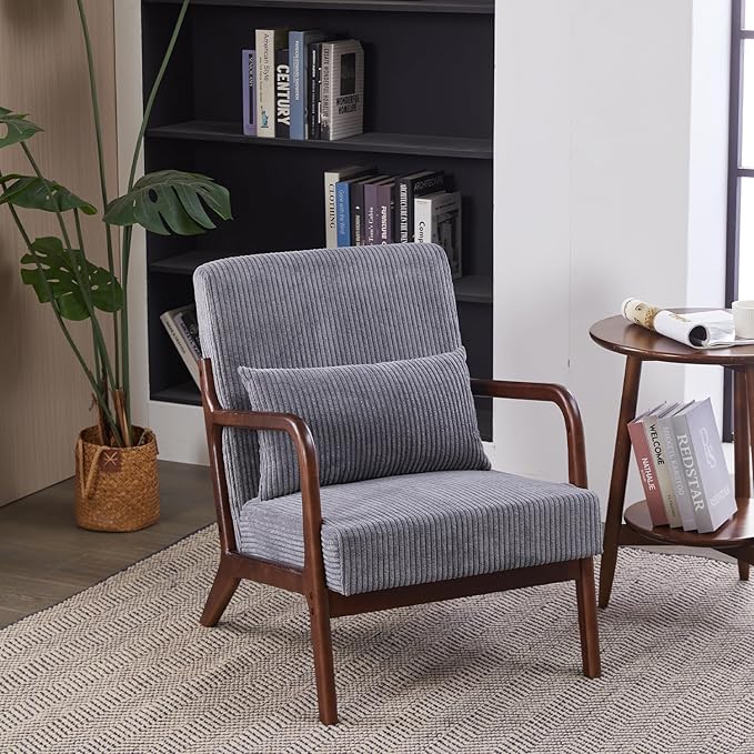 Accent Chairs, Mid-Century Modern Chair with Pillow, Armchair with Solid Wood, Reading Relaxing Leisure Chair for Living Room(Dark Grey/Walnut)