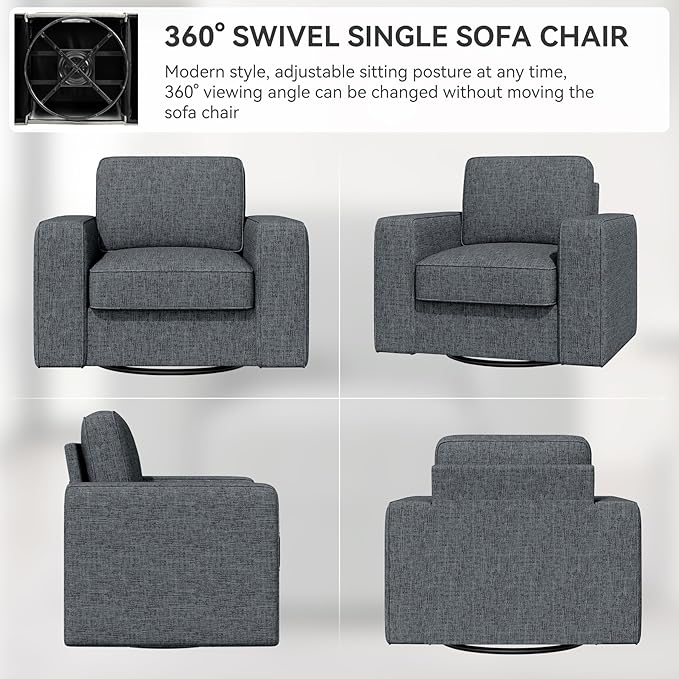 360 Degree Rotation Swivel Accent Sofa Chairs Set of 2, 36'' Width Oversized Armchairs Linen Living Room, Reading-Dark Gray