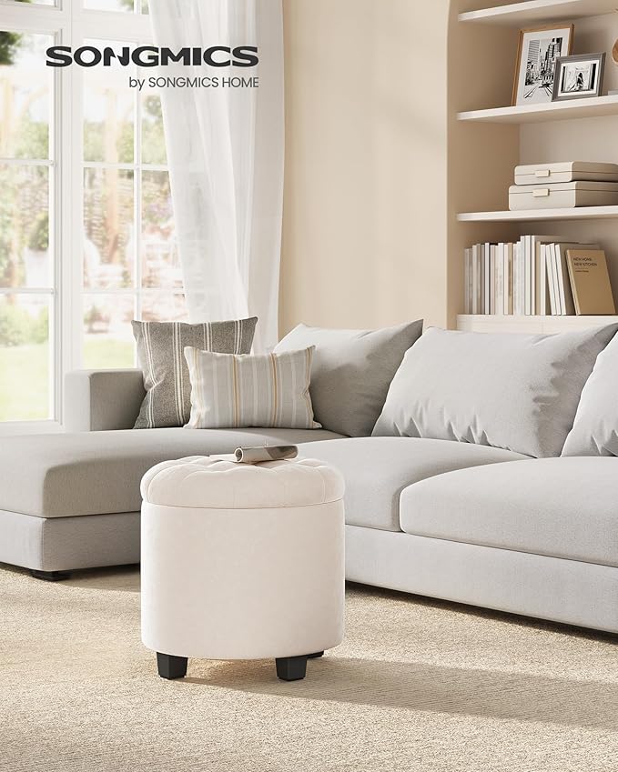 SONGMICS Round Ottoman, Ottoman with Storage, 17.7 x 17.7 x 17.5 Inches, Foot Rest with Legs, Velvet, Load up to 330 lb, for Living Room, Bedroom, Cream White ULOM012W01