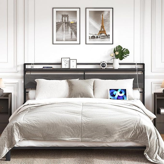HOOBRO King Size Headboard, Headboard with 2 Outlets and 4 USB Ports, Adjustable Height, Storage Rack, Sturdy and Stable, Easy Assembly, Charcoal Gray and Black