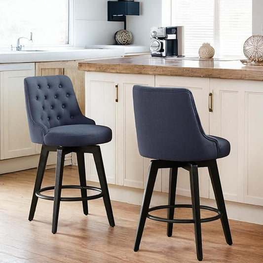 Watson & Whitely Counter Height Bar Stools, Performance Fabric Upholstered Modern Swivel Barstool with Back, Solid Wood Legs, 26" H Seat, Insignia Blue