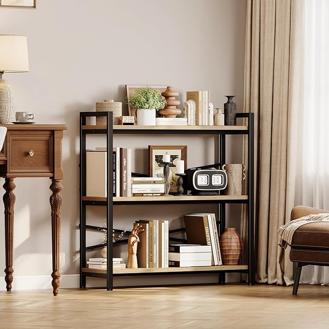Book Shelf, 3 Tier Bookshelf 31.49" Width, Book Shelf Storage and Organization, Wooden and Metal Industrial Bookcase, Large Book Shelves for Home Living Room Bedroom Office Storage(Light Coffee)