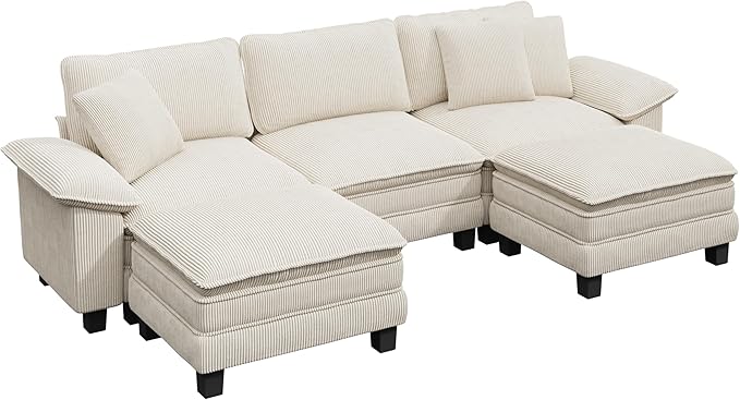 123-Inch U Shaped Sectional Sofa with Cloud Cushions, Deep Seat Modular Couch Set w/ 5 Seats & 2 Ottomans, Removable Arms, Plush Corduroy Upholstery for Living Room, Apartment - Beige