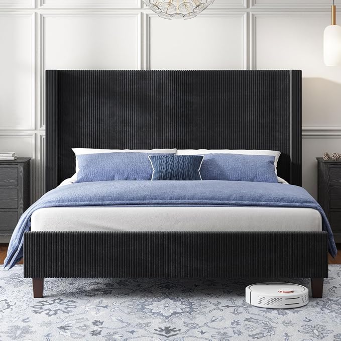 HOWE California King Size Upholstered Bed Frame, Wingback Platform Bed with 50.8" Headboard, Corduroy/Solid Wood Leg/No Box Spring Needed/Noise Free/Black