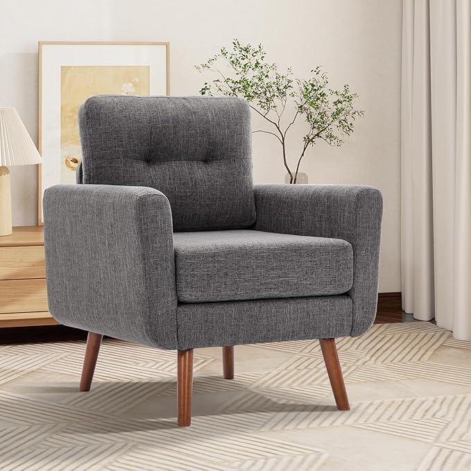 Tbfit Accent Chair, Reading Chair for Living Room & Bedroom, Mid Century Modern Arm Chair, Button Tufted Upholstered Accent Chairs Sofa with Solid Wood Frame (Stone Grey)