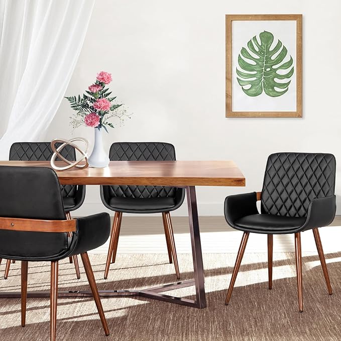 LUNLING Mid Century Modern Faux Leather Dining Chairs Set of 4,Black,Upholstered Seat,Metal Legs,Adjustable Foot for Kitchen Dining Room Desk Chairs