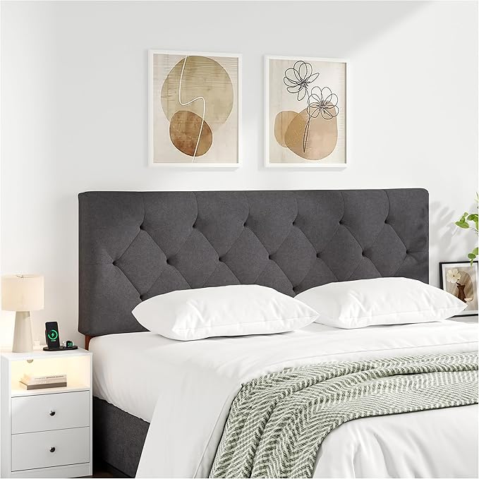 Upholstered Full Headboard, Full Size Headboard Only for Bed Frame from 42”-55”, Adjustable Height Full headboard with Durable Wood Legs, Fabric Bed Headboard in Modern Button Design, Dark Grey
