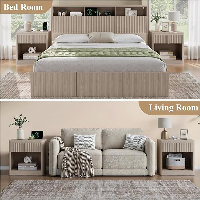 Fluted Nightstand Set of 2 with Charging Station, 23.6" Wood End Table with Solid Wood Handle, Curved Profile Design, Mid Century Moden Bedside Table for Bedroom, White Alder