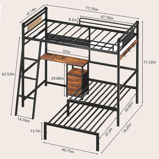 Bunk Bed Twin Over Twin, Industrial Heavy Duty Metal Bed with LED Lights & Charging Sation, bunk beds for Kids, School, Bedroom, Safety Guardrail and Ladder