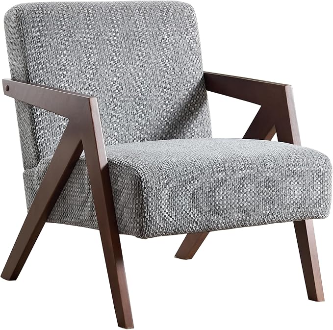 Bonzy Home Mid-Century Modern Accent Chair with Solid Wood Frame, Upholstered Armchair for Bedroom & Living Room,Reading Side Chair with Soft Lien Fabric Cushion,Easy Assembly,Light Grey