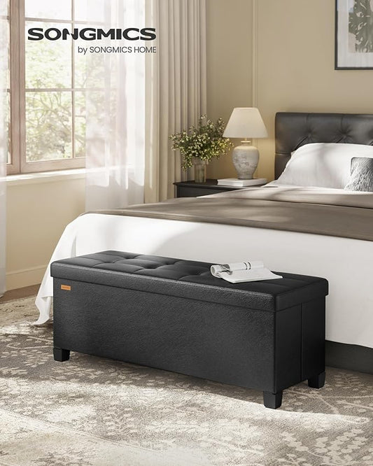 SONGMICS Storage Ottoman, Storage Bench with Legs, 15 x 43 x 15.7 Inches, Ottoman Bench, 30 Gal. (112 L), Synthetic Leather, for Living Room, Entryway, Ink Black ULSF0514B02