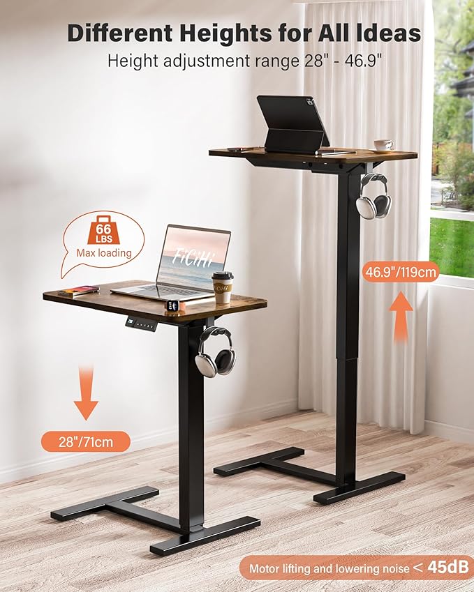 FiCiHi Small Electric Standing Desk - Adjustable Height Bedside Laptop Table with Wheels, Mobile, Portable Rolling Computer Cart,Movable, Home Office, Sofa, Couch Use(24x16,Rustic Brown)
