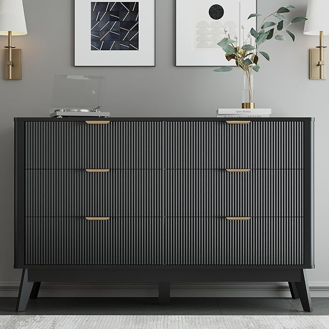 SUNWAVE 6 Drawer Dresser for Bedroom, 49.6" Wide Modern Fluted Dresser with Round Corner, Wood Chest of Drawers for Living Room