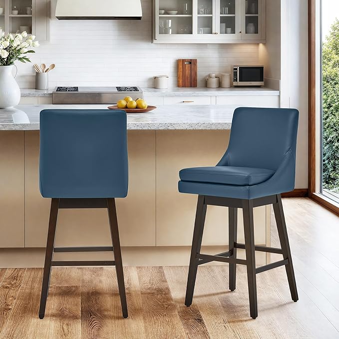 CHITA Bar Height Swivel Barstool with Back Set of 2, FSC Certified Upholstered Bar Stool, 30.7" H Seat Height, PU Leather in Dark Blue