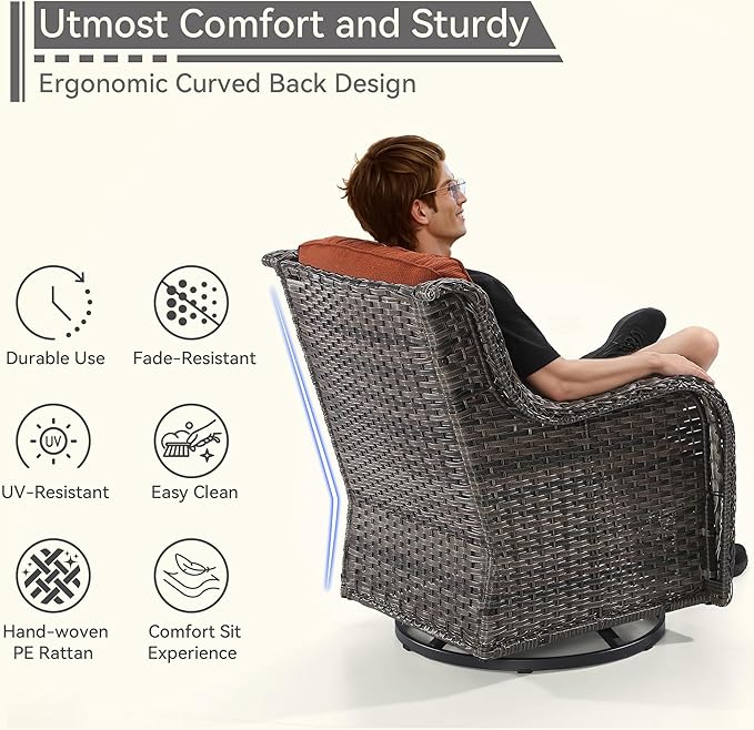 3 Pieces Outdoor Furniture Set - Patio Wicker Swivel Rocker Chair Set of 2 and 1 Side Table, Orange, Mixed Brown Rattan, Suitable for Porch, Yard