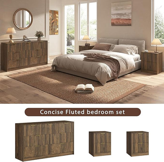 3-Piece Modern Bedroom Furniture Set, Wide 7-Drawer Dresser & 2-Drawer Nightstands Set of 2, Natural Wood Dresser and Nightstand Sets for Bedroom, Hallway, Walnut