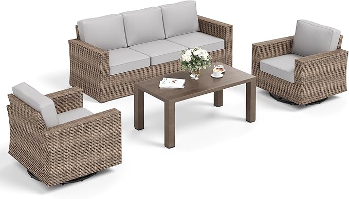 Swivel Glider 4 Piece Patio Furniture Set with Swivel Chairs, Patio Set with 4.92" Extra Wide Armrest, Wicker Patio Furniture with 26.3" Deep Seating and 5.5" Thick Cushions, Grey