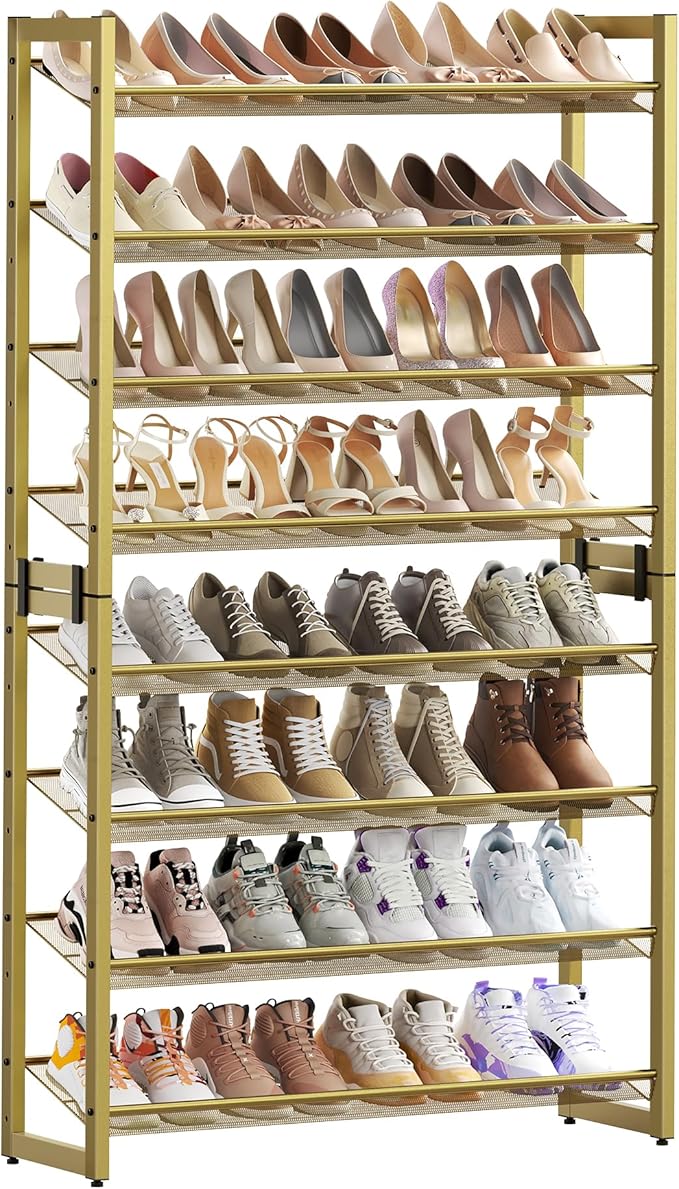 SONGMICS Shoe Rack, 8-Tier Shoe Organizer, Metal Rack for Garage, Set of 2, 4-Tier Stackable Shelf, with Adjustable Flat or Angled Shelves, 32-40 Pairs, Pale Gold ULMR08A02