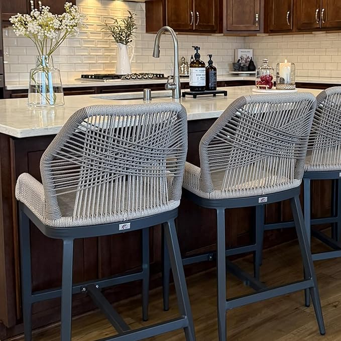 PURPLE LEAF 2 Pieces Bar Stools Patio Modern Rattan Barstools Aluminum Woven Tall Bar Chairs with Cushions for Outdoor Kitchen Island Garden