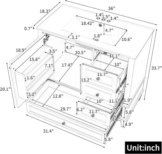 36 Inch Bathroom Vanity with Sink Set, Undermount Vanity Sink Cabinet with 3 Drawers and Door Storage, Soft Closing Door, Wood Frame, Black