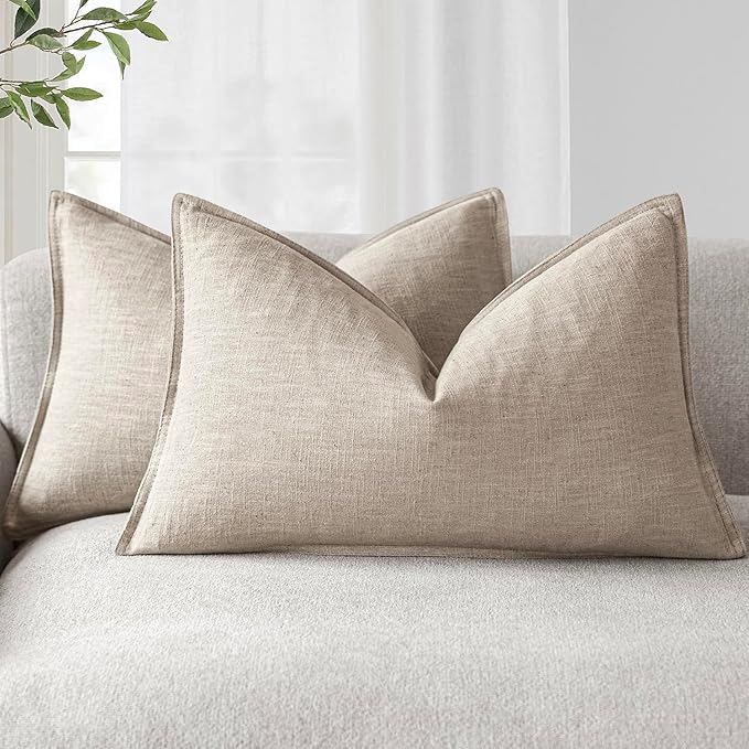 Foindtower Pack of 2, Decorative Linen Soild Throw Pillow Covers Soft Accent Lumbar Cushion Case Farmhouse Pillowcase for Chair Couch Sofa Bedroom Living Room Home Decor 12 x 20 Inch Natural Linen