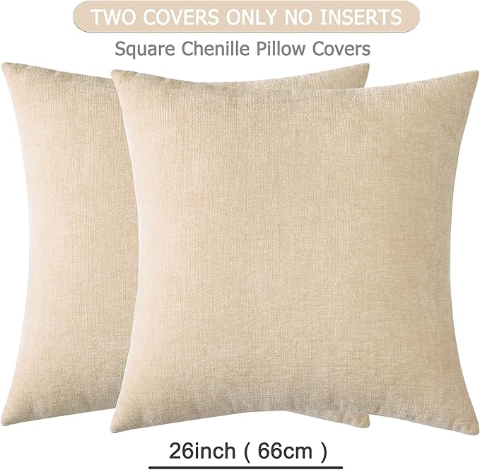 GAWAMAY Decorative Chenille Throw Pillow Covers 26x26 Inch Pack of 2, Soft Square Couch Pillow Cover for Sofa Cushion Living Room Bedroom Solid Dyed Oversized Pillowcases Beige 66x66cm (ONLY Covers)