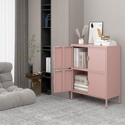 4 Door Metal Storage Locker,2-Tier Office Cabinet,Pink Metal Locker Storage Cabinet for Industrial,Home,School,Gym,31.5 x 15.8 x 40 Inches,Pink