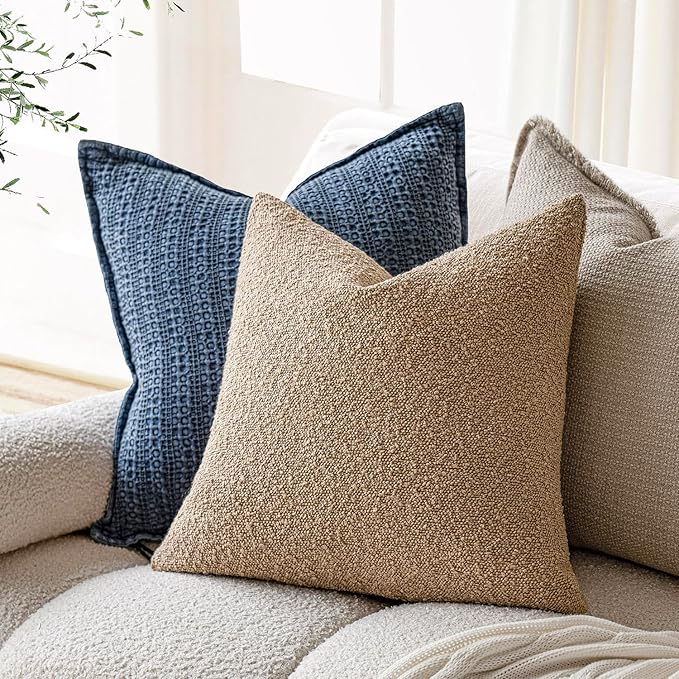 Foindtower Set of 2, Decorative Textured Boucle Throw Pillow Covers Accent Solid Pillow Cases Soft Cozy Couch Cushion Case for Chair Sofa Bedroom Living Room Home Decor 26 x 26 Inch Taupe Khaki Camel
