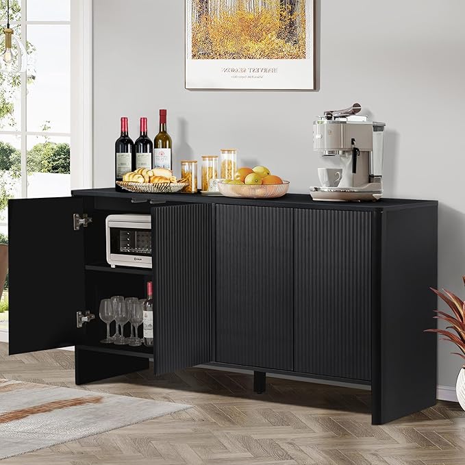 Sideboard Buffets Cabinet, Modern Accent Storage Cabinet with 4 Fluted Doors and Adjustable Shelves, Wood Credenza Buffet Sideboards, Console Table for Kitchen Dining Living Room Entryway (Black)
