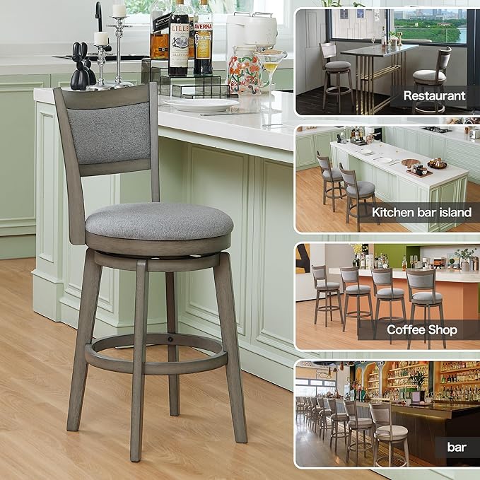 PrimeZone Swivel Bar Stools Set of 4, 26 Inch Counter Height Barstools, High Back Bar Stool with Solid Wood Legs & Wrap-Around Footrest, Counter Stools for Kitchen Island, Pub, Grey