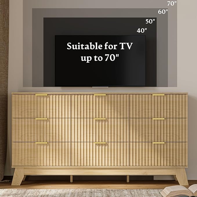 Fluted Dresser for Bedroom with 9 Drawers, 57" Mid Century Modern Dresser of Closet TV Stand, Nature Wood Dressers with Gold Handle, Boho Closet Wide Modern Chest of Drawers, Natural
