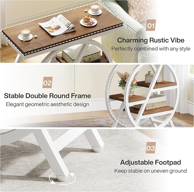 Tribesigns End Table Set of 2, 3-Tier Modern Narrow Side Table with Storage, Wood Sofa Side Table with Geometric Metal Frame, Nightstand and Bedside Table for Bedroom (Light Brown+White)