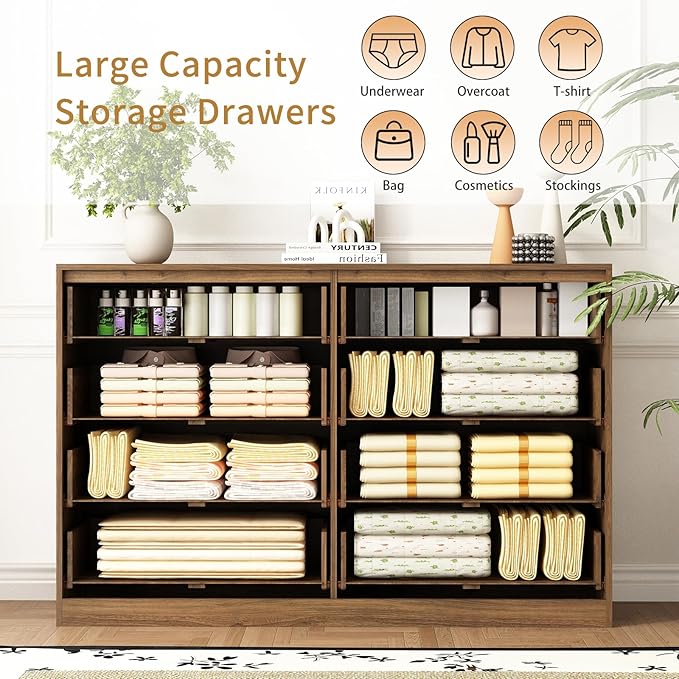 3-Piece Modern Bedroom Furniture Set, Wide 8-Drawer Dresser & 2-Drawer Nightstands Set of 2, Natural Wood Dresser and Nightstand Sets for Bedroom, Hallway, Walnut