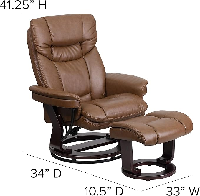 Flash Furniture Allie LeatherSoft Upholstered Recliner with Footrest, Arms, and Headrest, Padded Swivel Recliner Chair and Ottoman Set, Palimino
