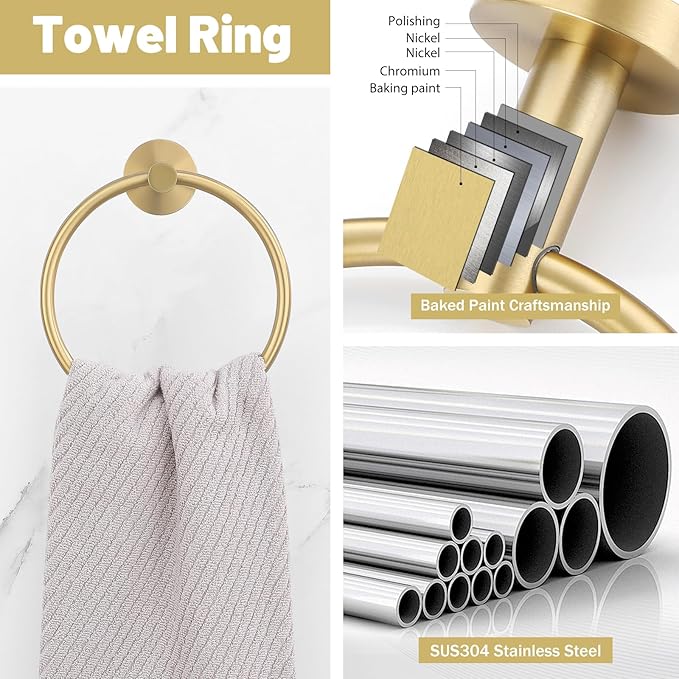 Brushed Gold Towel Bar Set 10 Pieces Bathroom Hardware Accessories Set Towel Rack Set for Bathroom SUS304 Stainless Steel Toilet Paper Holder Wall Mounted, 23.6 Inch