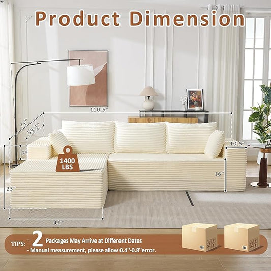 110" Boneless Sectional Couch with Chaise Lounge, Cloud Couch Compressed Sofa L Shape, No Assembly Memory Foam Sofa for Living Room, White Corduroy