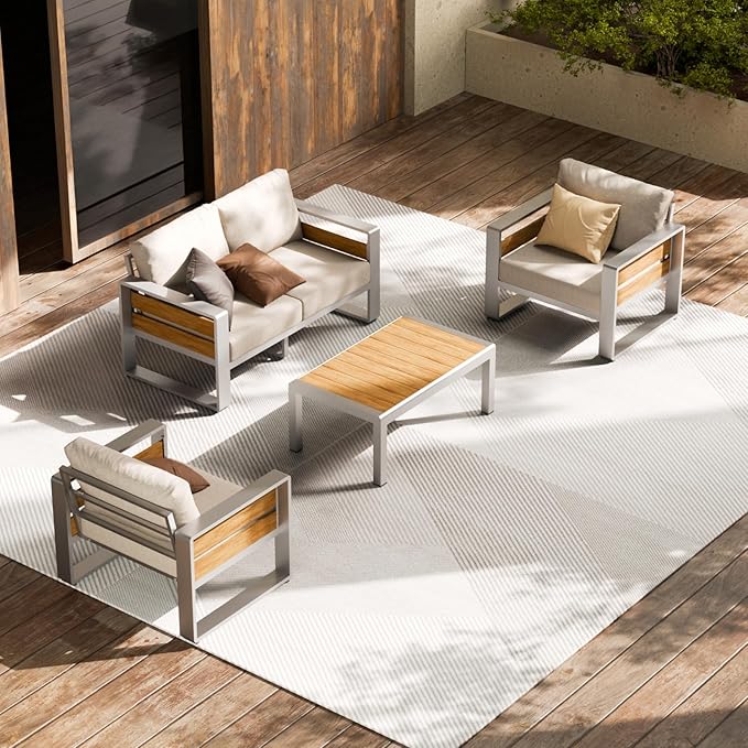 ZANDOR Outdoor Patio Conversation Sets, 4-Piece Aluminum Metal Outside Sectional Lawn Furniture with Coffee Table & Washable Thick Cushions,Seating Sofa for Garden/Backyard/Porch, Silver
