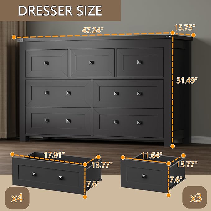 7-Drawer Dresser, Modern Wooden Storage Chest of Drawers, Dresser TV Stand, Wood Drawer Organizer with Metal Handles for Bedroom, Living Room, Hallway